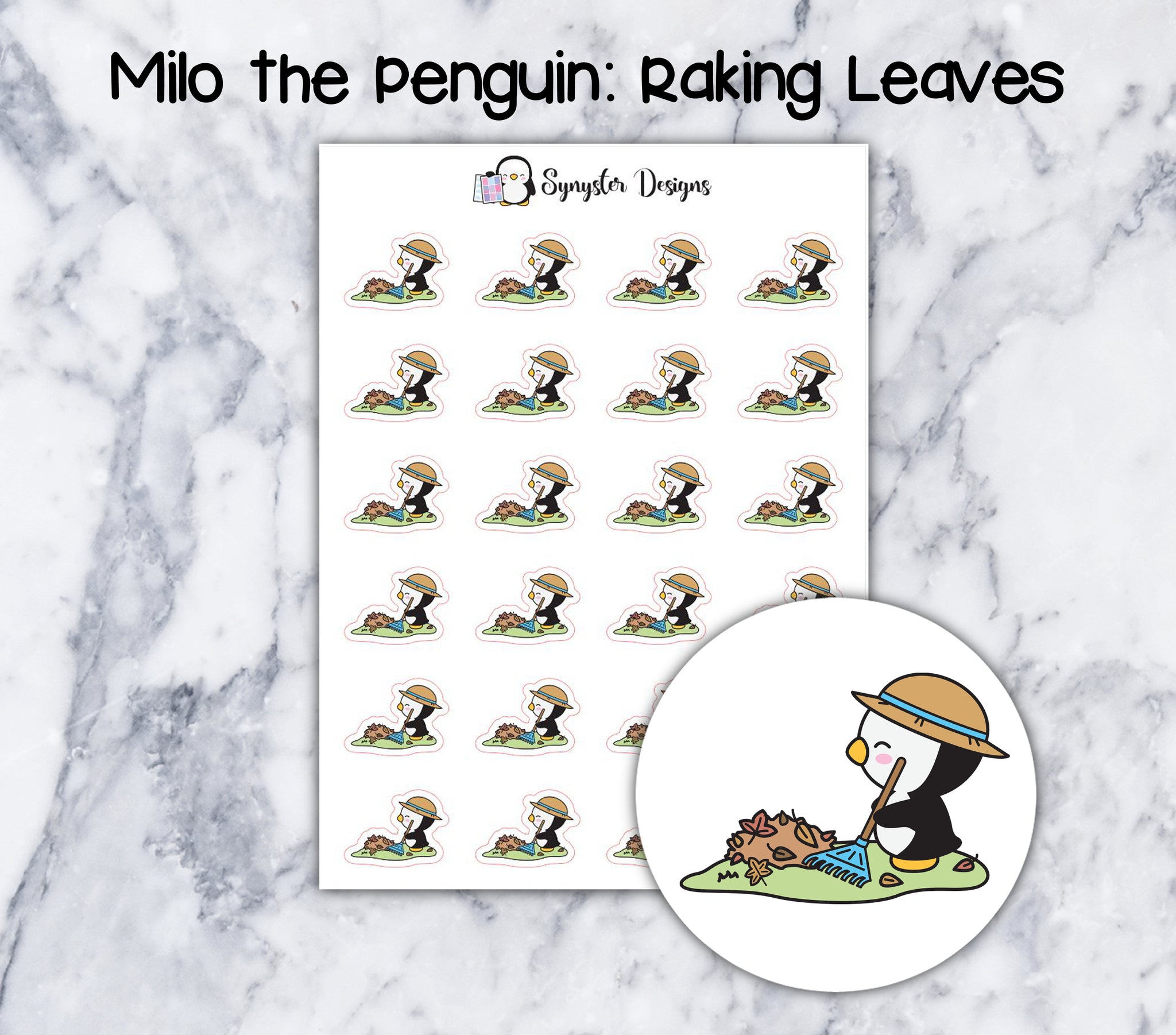 Raking leaves Milo the Penguin